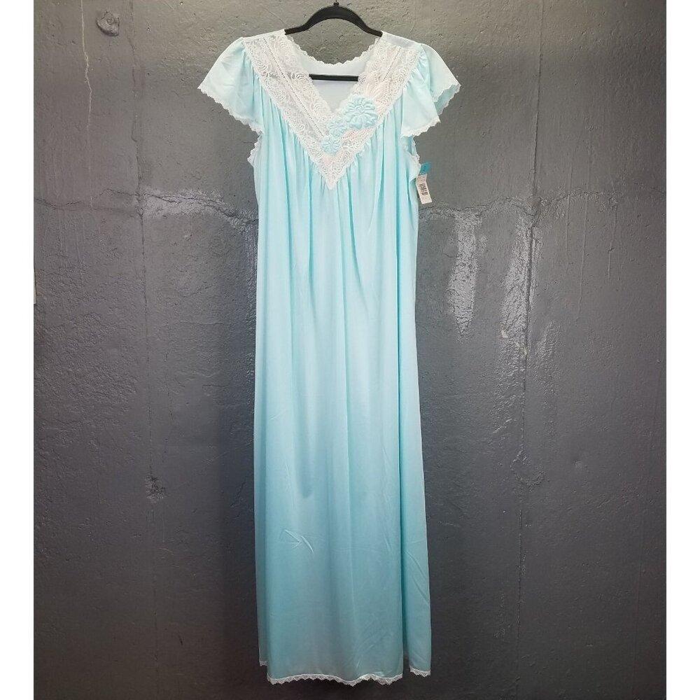 Shadowline Maxi Night Gown Small Blue Sea Foam Puffy Flower Coquette Vintage NEW